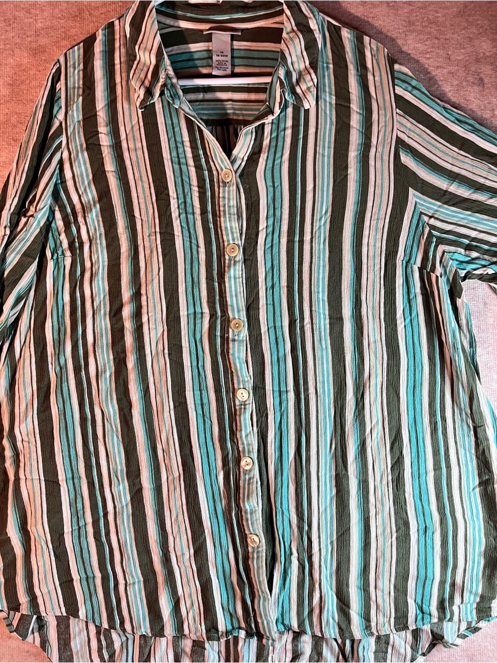 Catherines Striped Button-Down Shirt in Teal, White & Black